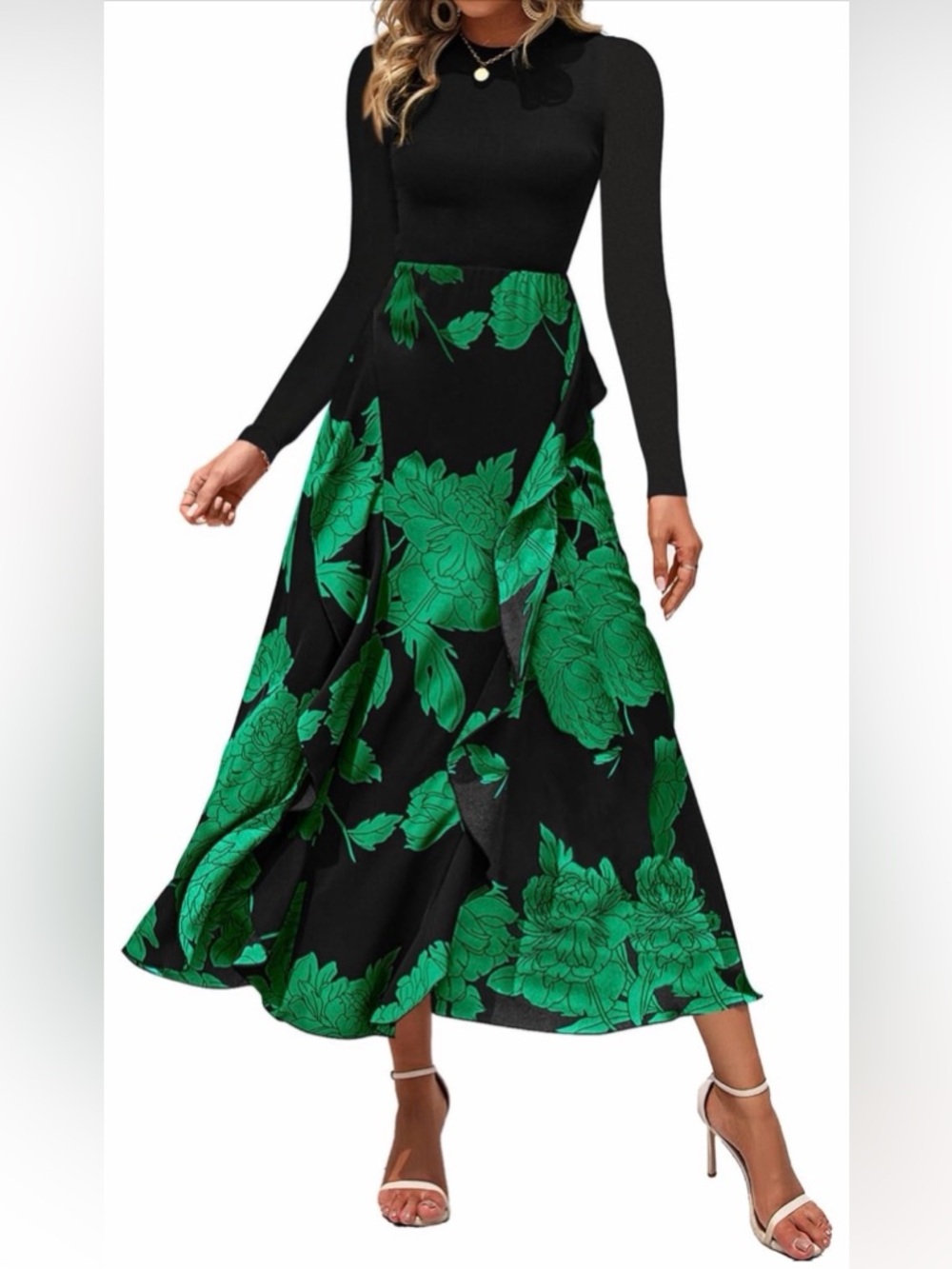 BTFBM Green Floral High-Waist Black Long Sleeve Ruffle Flowy Maxi XXL Dress